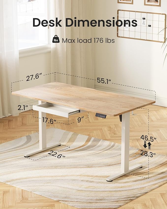 FEZIBO Electric Standing Desk with Drawers, 55 x 28 Inch Height Adjustable Desk with 3 Memory Presets, Sit Stand Up Desks for Home Office, Natural
