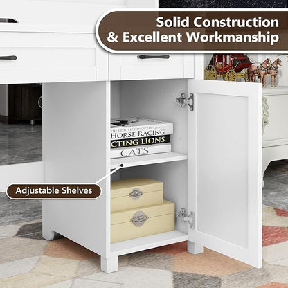 Vabches Farmhouse 47" Executive Desk, Computer Desks with 2 Drawers and Storage Cabinet, Home Office Desk with Hutch and Charging Station, Workspace for Work and Study. (Cream White)