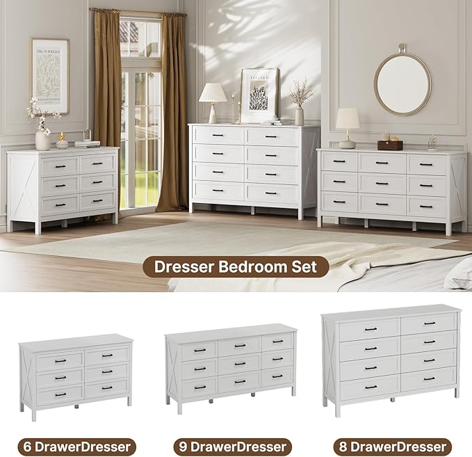 LYNSOM Farmhouse 6 Drawers Dresser for Bedroom, Wood Rustic Wide Chest of Drawers with Deep Drawers, Metal Handle, Storage Dressers Organizer for Hallway