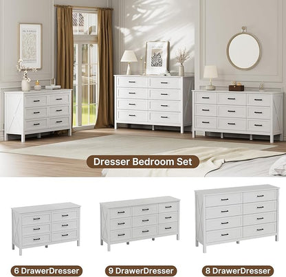 LYNSOM Farmhouse 6 Drawers Dresser for Bedroom, Wood Rustic Wide Chest of Drawers with Deep Drawers, Metal Handle, Storage Dressers Organizer for Hallway