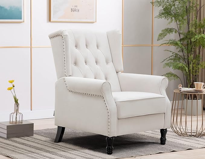 Artechworks Winged Velvet Modern Accent Chair Tufted Arm Club Chair Linen Single Sofa with Wooden Legs Comfy Upholstered for Reading Living Room Bedroom Office, Beige