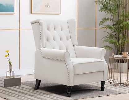 Artechworks Winged Velvet Modern Accent Chair Tufted Arm Club Chair Linen Single Sofa with Wooden Legs Comfy Upholstered for Reading Living Room Bedroom Office, Beige