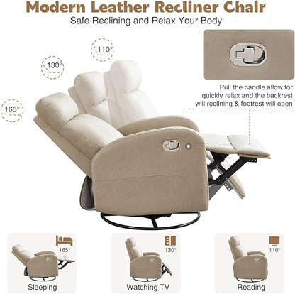 Swivel Rocker Recliner Chair, Manual Leather Recliner, Glider Rocking Recliners 360°Swivel Nursery Reclining Chairs for Living Room, Khaki