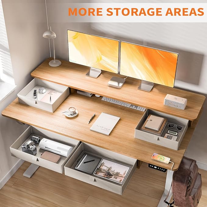 48 * 30 Inches Electric Standing Widened Desk Adjustable Height with 4 Drawers, Double Storage Shelves, Home Office Workstation Sit Stand up Desk (Nature)