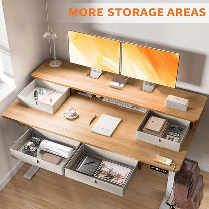 48 * 30 Inches Electric Standing Widened Desk Adjustable Height with 4 Drawers, Double Storage Shelves, Home Office Workstation Sit Stand up Desk (Nature)