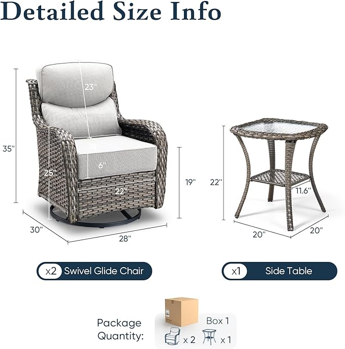 Belord Luxury 6" Thick Cushioned Outdoor Swivel Rocker Patio Chairs with Side Table, 3 Pieces High Back Wicker Furniture Set with Ergonomic Back, Conversation Gliders Set for Deck Porch - Grey+Beige