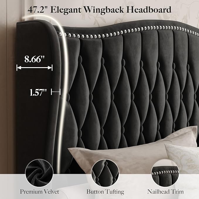 Belffin King Bed Frame and Headboard, Luxury Upholstered Velvet Platform Bed with Wingback, Button Tufted & Nailhead Trim, Anti-Slide Tall Footboard, No Box Spring Needed, Noise-Free, Black