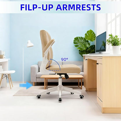 Ergonomic Desk Chair with Space Saving Flip-Up Arms, 360° Swivel & Reclining Back, High-Back Executive Chair in Soft Faux Leather for Office&Study (Khaki)