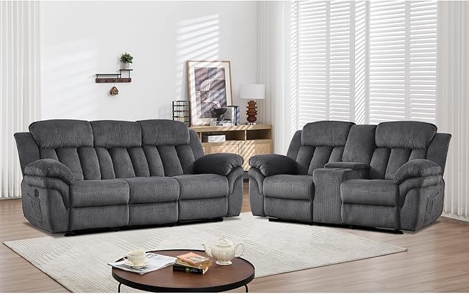 CANMOV Recliner Sofa Set, Manual Recliner Loveseat and 3-Seat Sofa with Overstuffed Armrest for Living Room,Bedroom Furniture,Office,2+3 Seat Grey