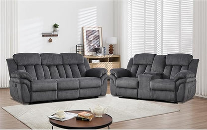 CANMOV Recliner Sofa Set, Manual Recliner Loveseat and 3-Seat Sofa with Overstuffed Armrest for Living Room,Bedroom Furniture,Office,2+3 Seat Grey