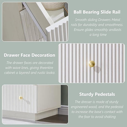 Fluted Dresser for Bedroom, White 5 Drawer Dressers, Wood Tall Dresser Storage Organizer, Chest of Drawers with Deep Storage, Modern Bedroom Chest for Closet Hallway, Entryway, Living Room