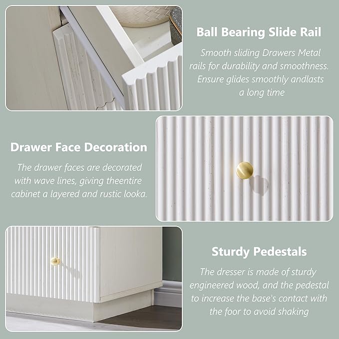 Fluted Dresser for bedroom, 55"W White 9 Drawer Dressers, Wood Tall Dresser Storage Organizer, Modern Bedroom Chest of Drawers with Deep Storage for Closet Hallway, Entryway, Living Room White