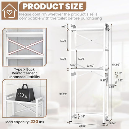 ZZL Over The Toilet Storage,3-Tier,Bathroom Toilet Organizer,Multifunctional Space Saver Freestanding Bathroom Shelves with 4 Hooks,White