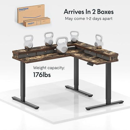 FLEXISPOT 71'' L Shaped Standing Desk Electric Corner Table with Shelf, 4 Storage Drawers, Adjustable Computer Workstation for Home, Office, Game, Studio, Rustic Brown Top + Black Frame