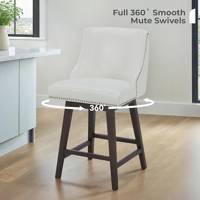 CHITA Counter Height Swivel Bar Stools, FSC Certified Upholstered Counter Stools, Modern Swivel Barstools with Wood Legs for Kitchen Island, 26" Seat Height, Faux Leather in White