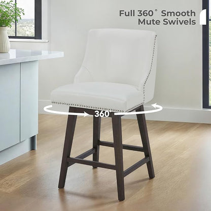 CHITA Counter Height Swivel Bar Stools, FSC Certified Upholstered Counter Stools, Modern Swivel Barstools with Wood Legs for Kitchen Island, 26" Seat Height, Faux Leather in White