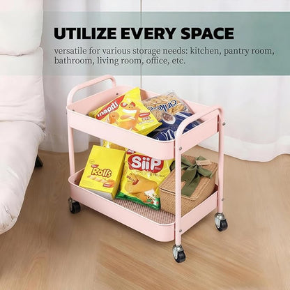 2 Tier Rolling Cart Metal with Wheels Under Desk Storage Cart for Small Space Organization, Small Trolley for Pantry Room Laundry Bathroom Kitchen Office Art Snack Baby Supplies, Pink