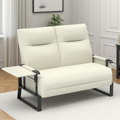 Faux Leather Loveseat, Upholstered Loveseat with Side Tray Table & Storage Pocket, Small Loveseat for Living Room, Modern 2 Seater Sofa Couch for Small Spaces, Bedroom, Beige