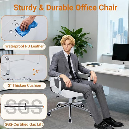 Sidanli Ergonomic Desk Chairs, Executive Swivel Faux Leather High Back Chair with Comfortable Lumbar Support and Smooth Rolling Wheels for Office, White