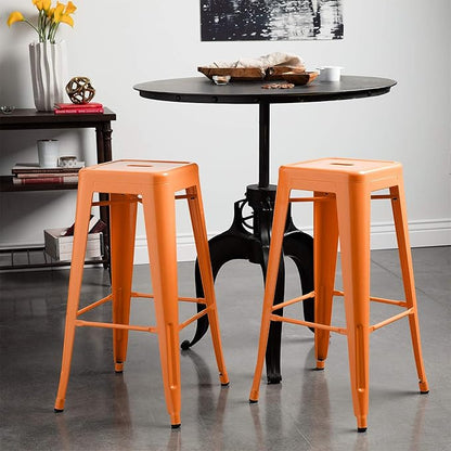 Furniwell 30 Inches Metal Bar Stools High Backless Tolix Indoor-Outdoor Stackable Barstool with Square Counter Seat Set of 4 (Orange)