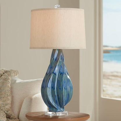 Possini Euro Design Teresa Modern Style 3-Way Table Lamp with Table Top Dimmer 31" Tall Teal Blue Ceramic Beige Fabric Drum Shade for Living Room Bedroom House Bedside Home Entryway (Color