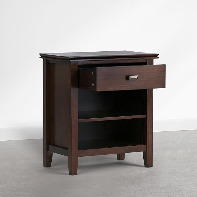 SIMPLIHOME Artisan Bedside Table - 24 inch Wide Solid Wood Nightstand Table in Autumn Brown, Transitional Bedside Stand for Bedroom with Drawer and Open Shelf for Storage