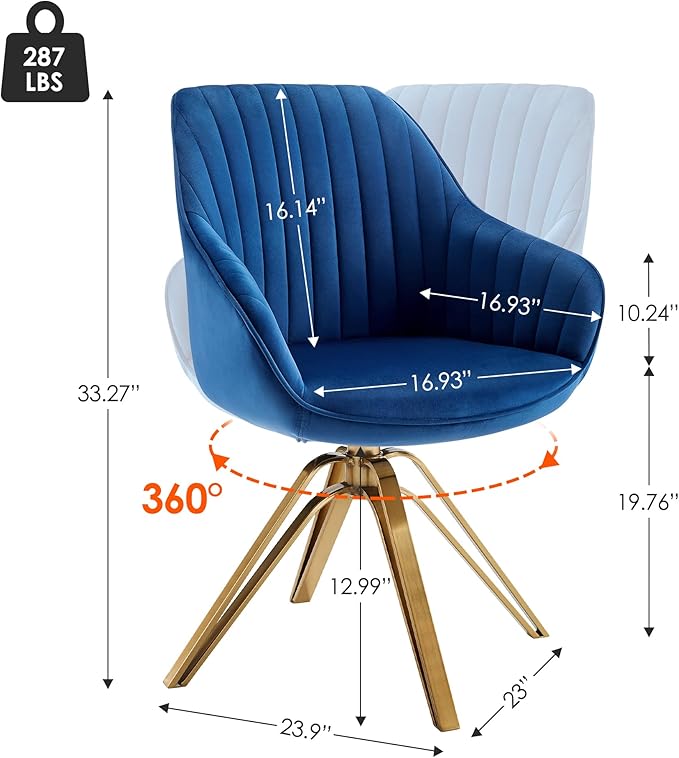 Zouron Mid Century Modern Swivel Accent Chair with Gold Metal Legs, Upholstered Swivel Chair No Wheels, Side Accent Arm Chair Vanity Chair for Small Space Home Office Living Room Bedroom, Dark Blue