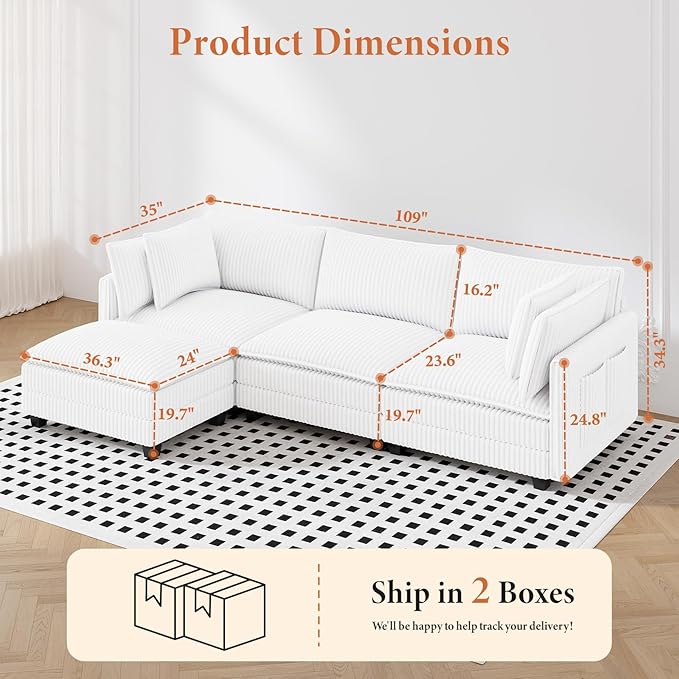 Vesgantti 109" L Shaped Cloud Sectional Couch, Comfy Corduroy Upholstered Modular Couches for Living Room, Modern Modular Sectional Sofa with Ottoman Deep Seat, Warm White