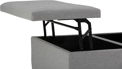 SIMPLIHOME Ellis 36 inch Wide Contemporary Square Coffee Table Storage Ottoman in Dove Grey Linen Look Fabric, Assembled, For the Living Room and Bedroom
