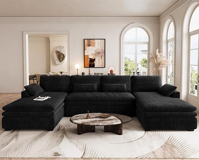 Belffin Large Modular Sectional Sofa with Double Deep Chaise, 135" Corduroy U Shaped Sectional Couch with 9" Soft Dual-Layer 6 Seats U Shaped Couch for Living Room, Apartment, Black