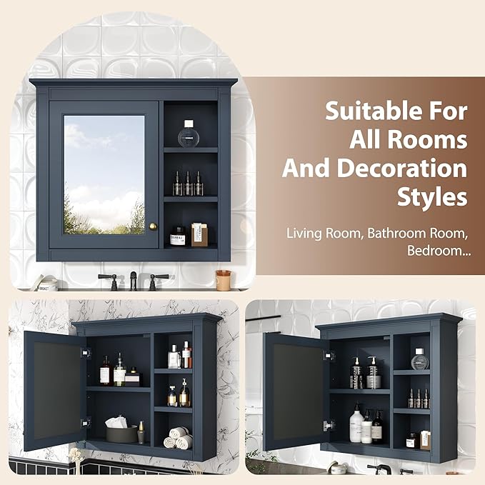 Bathroom Wall Cabinet with Mirror, 30'' x 28'' Medicine Cabinet with Mirror Door and Adjustable Shelves, Over Toilet Storage Cabinet, Wall-Mounted Bathroom Mirrors for Over Sink with Storage