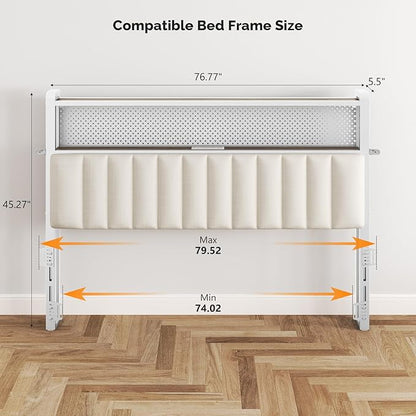 VINGLI King Size Headboard Only, Adjustable Upholstered Headboard with 2 Tier Shelves and Pegboard with Charging Stations and LED Lights, Modern Bed Headboard with Storage for Bedroom Decor