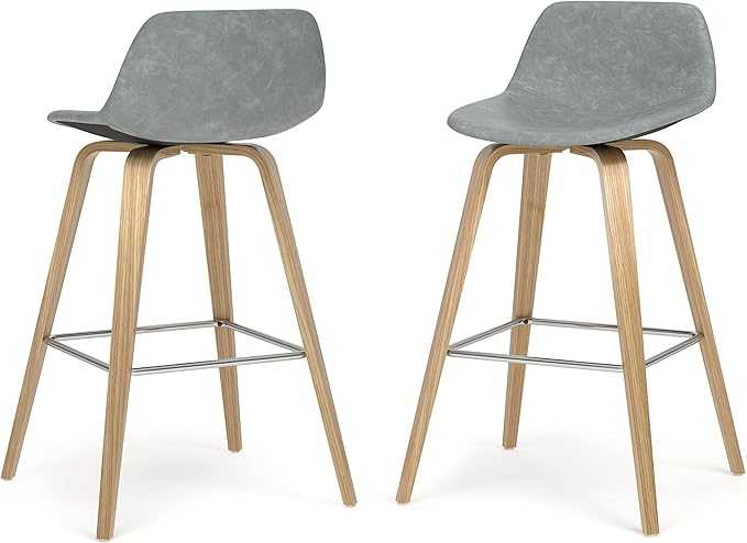 SIMPLIHOME Randolph Counter Stools (Set of 2) - 28 Inch Seat Height Upholstered Bentwood Kitchen Seats in Stone Grey PU Faux Leather, Mid Century Modern Seating with Curved Backrest and Footrest