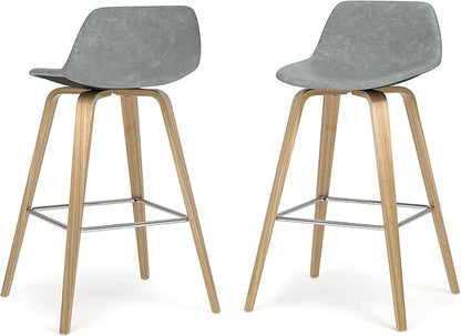 SIMPLIHOME Randolph Counter Stools (Set of 2) - 28 Inch Seat Height Upholstered Bentwood Kitchen Seats in Stone Grey PU Faux Leather, Mid Century Modern Seating with Curved Backrest and Footrest