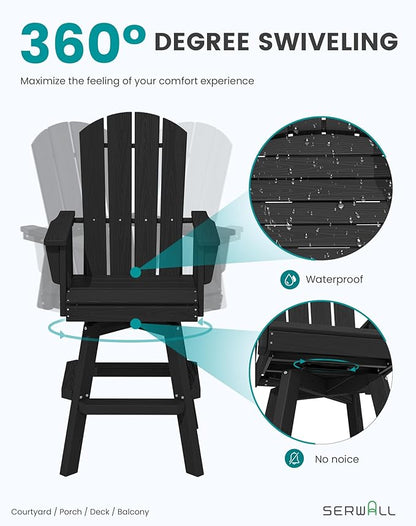 SERWALL 5-Piece Swivel Adirondack Bar Set, HDPE Swivel Bar Height Chairs Set of 4 with Bar Table, All-Weather Outdoor Barstools for Patio, Poolside, Garden, Black