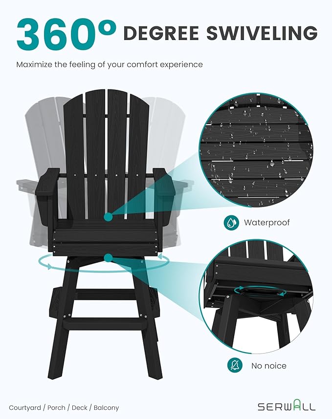 SERWALL 3-Piece Swivel Adirondack Bar Set, HDPE Swivel Bar Height Chairs Set of 2 with Bar Table, All-Weather Outdoor Barstools for Patio, Poolside, Garden, Black