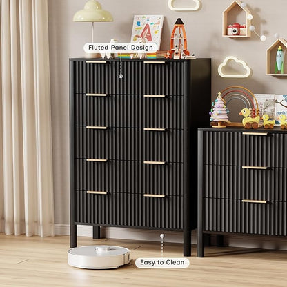 47" Tall Dressers for Bedroom Fluted 5 Drawer Dresser, Wooden Dresser Modern Chest of Drawers Dressers with Organizer Storage for Bedroom, Living Room, Entryway, Black