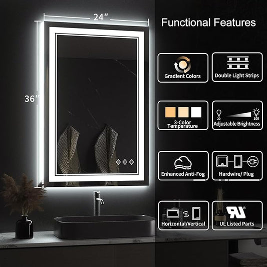LED Mirror for Bathroom, 24x36 Inch Gradient Front and Backlight LED Bathroom Mirror, 3 Colors Dimmable CRI>90 Double Lights, Enhanced Anti-Fog, Hanging Plates Wall Mount Lighted Mirror