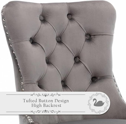 Velvet Upholstered Dining Chairs Set of 2, Modern Style Kitchen Side Chairs with Nailhead Trim and Silver Plated Leg, Metal Pulling Ring for Dining Room Living Room(Gery-Silver Plated Leg)