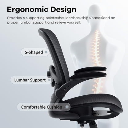 Office Chair Mesh Seat,Ergonomic Mesh Desk Chair with Adjustable Lumbar Support,Computer Chair with Flip-up Armrests, Rolling Executive Chairs, Home Office Chair(Black)