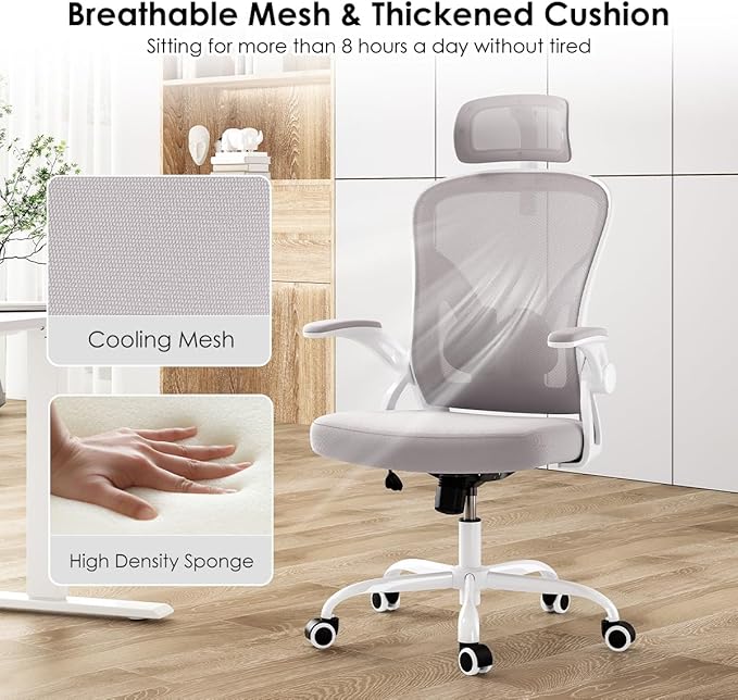 Farini Ergonomic Office Chair, Home Office Desk Chair with Headrest, High Back Computer Chair with Armrests and Adjustable Lumbar Support for Home Office Study Room, White & Gray
