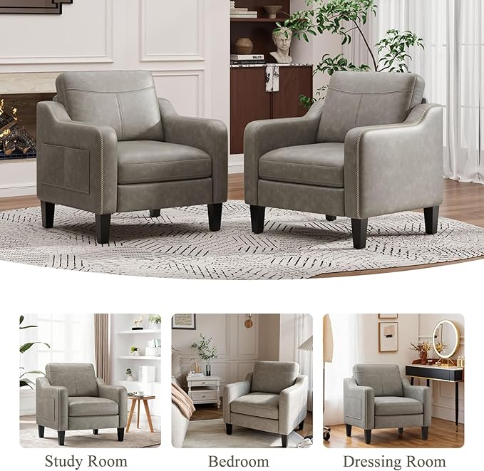 PU Leather Accent Chair Set of 2, Mid-Century Modern Living Room Armchair Sofa with Removable Cushions, Solid Wood Frame & Stitched Armrest Design, Bedroom Chair with Plastic Legs, Grey