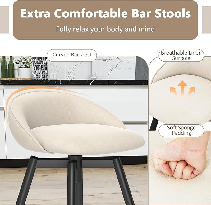 COSTWAY Bar Stools Set of 2, 25" Upholstered Counter Height 360° Swivel Bar Stools w/Backrest & Footrest, Heavy-Duty Metal Frame Armless Breakfast Chairs for Kitchen, Living Room (Set of 2,Beige)