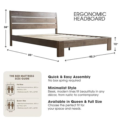 Queen Size Bed Frame with Headboard & Footboard, Solid Wood Platform Bed, Metal Legs, 12 Durable Slatted Structure, No Box Spring Needed, Anti-Slip & Noise-Free, Easy Assembly, Barnwood Finish, QIQ-30