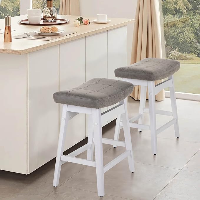 ALPHA HOME Bar Stools Set of 2, Solid Wood Saddle Kitchen Stools with Grey PU Leather Cushion Counter Height Barstools with Wooden Base for Kitchen Dining Cafe, 24 Inch, Grey, 2PCS
