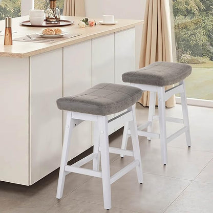ALPHA HOME Bar Stools Set of 4, Solid Wood Saddle Kitchen Stools with Grey PU Leather Cushion Counter Height Barstools with Wooden Base for Kitchen Dining Cafe, 24 Inch, Grey, 4PCS