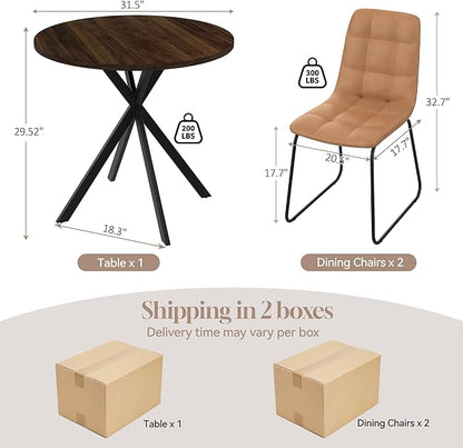 31.5" Round Dining Table Chairs Set for 2, Small Dining Table Chairs Set Space-Saving, Small Dinette Sets for 2 for Kitchen Dining Room Apartment(Walnut Table + Brown Chairs)
