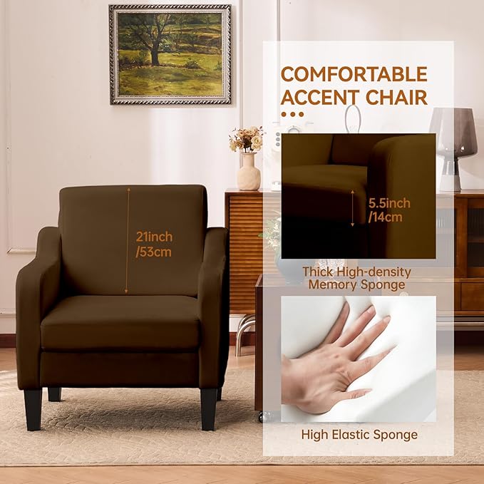 Accent Chair for Living Room, Modern Velvet Living Room Chairs with Wide Backrest, Upholstered Comfy Chair with Cushion, Oversized Sofa Chair with Wood Legs, Single Armchair, Brown