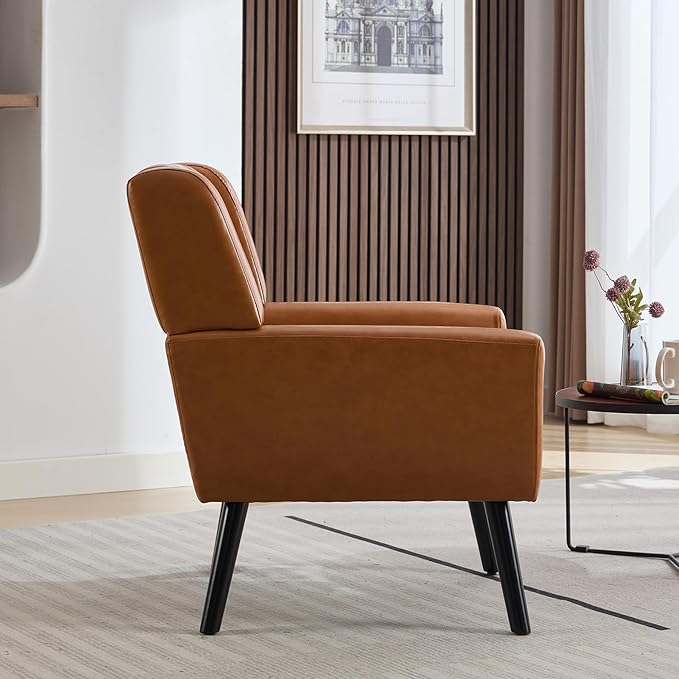Dolonm Midcentury Modern Leather Accent Chair with Arms, Upholstered Reading Side Chair Tufted Back Decorative Wingback Chair for Living Room Bedroom (Light Brown-PU)