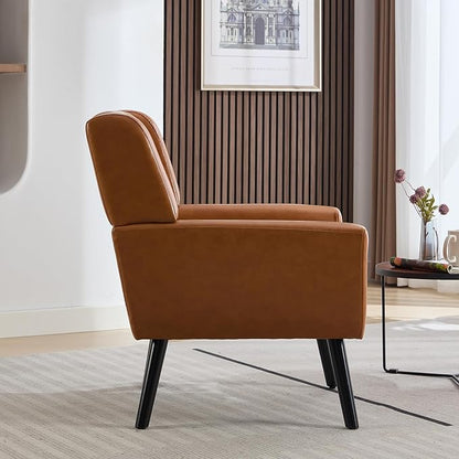 Dolonm Midcentury Modern Leather Accent Chair with Arms, Upholstered Reading Side Chair Tufted Back Decorative Wingback Chair for Living Room Bedroom (Light Brown-PU)